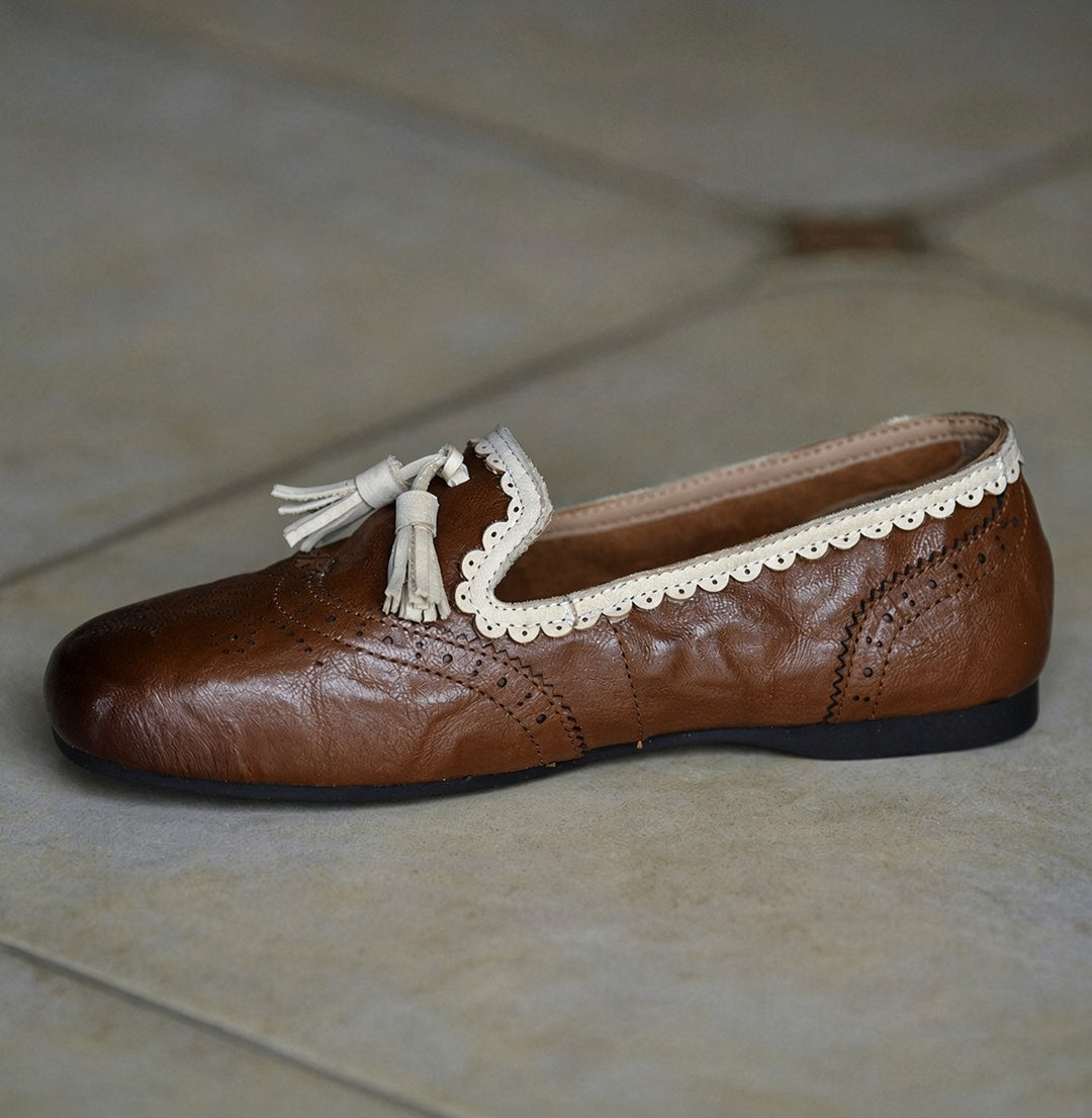 SUNKISSEDSTEP Women’s Vintage Tassel Round-Toe Sheepskin Loafers