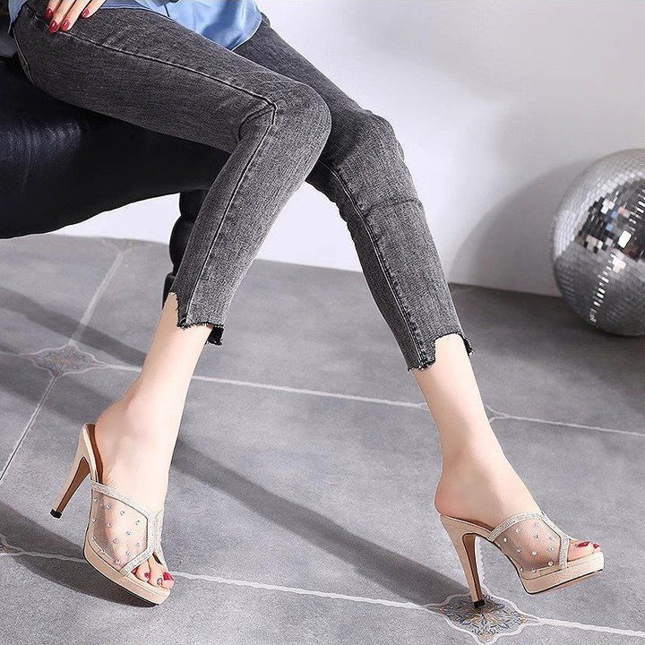 Mesh Peep-Toe Stiletto Slide Sandals