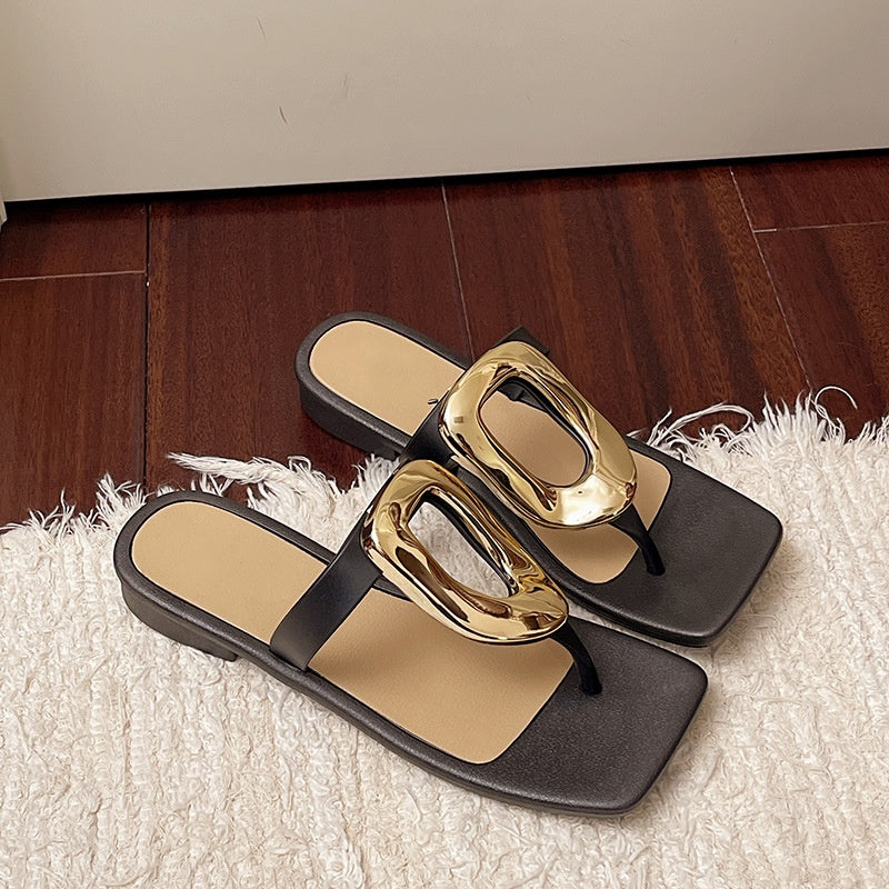 Metal Accent Square Toe Thong Sandals