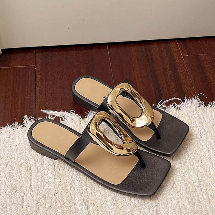 Metal Accent Square Toe Thong Sandals