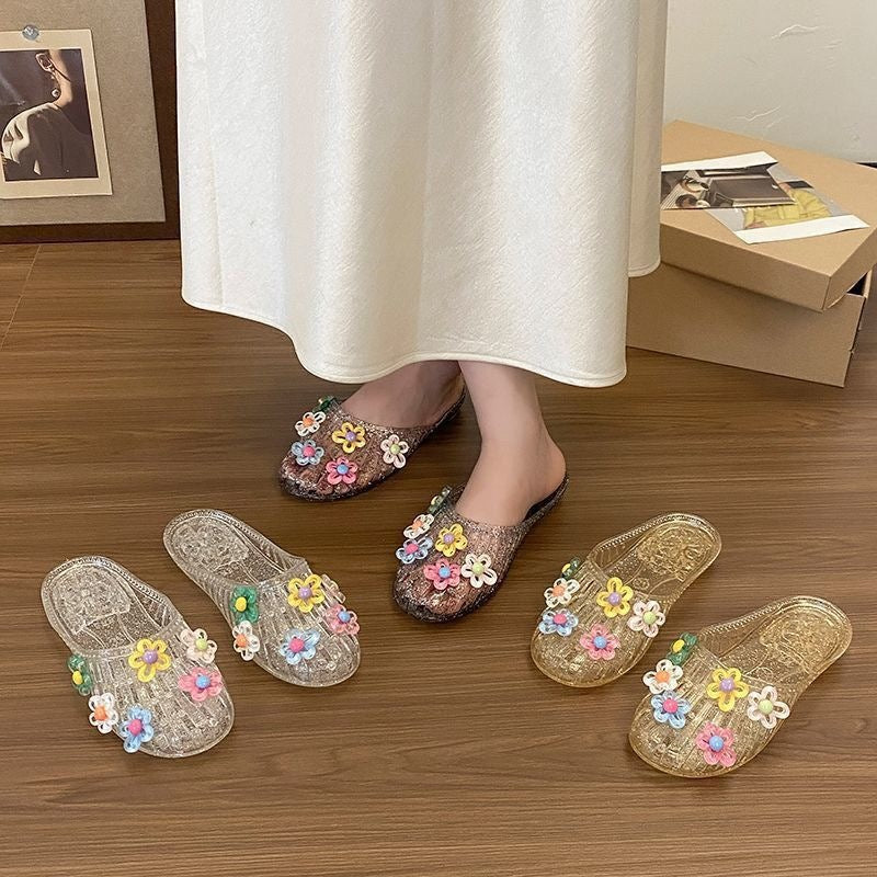 Crystal Flower Jelly Slide Sandals
