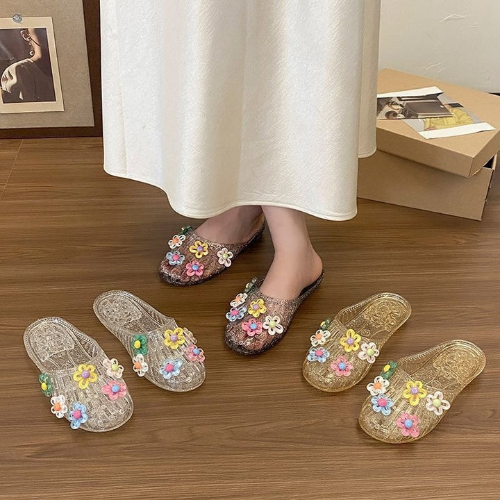 Crystal Flower Jelly Slide Sandals
