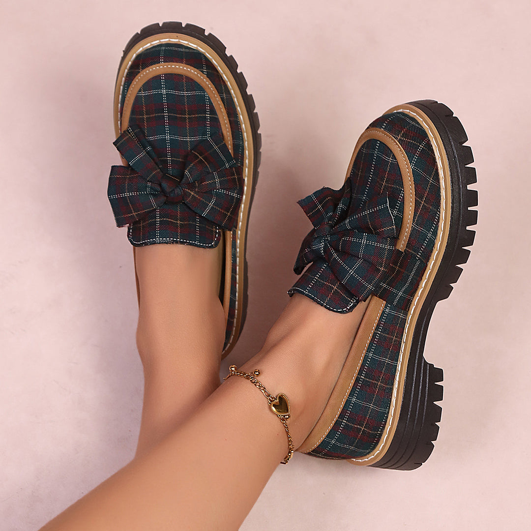 SUNKISSEDSTEP Women’s Plaid Bow Platform Loafers