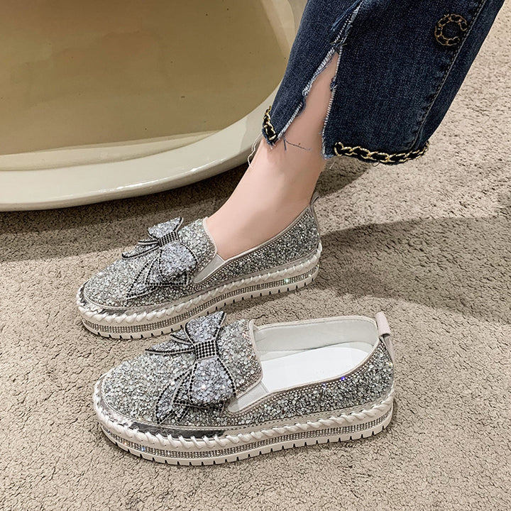 SUNKISSEDSTEP Women’s Rhinestone Bow Platform Slip-On Loafers