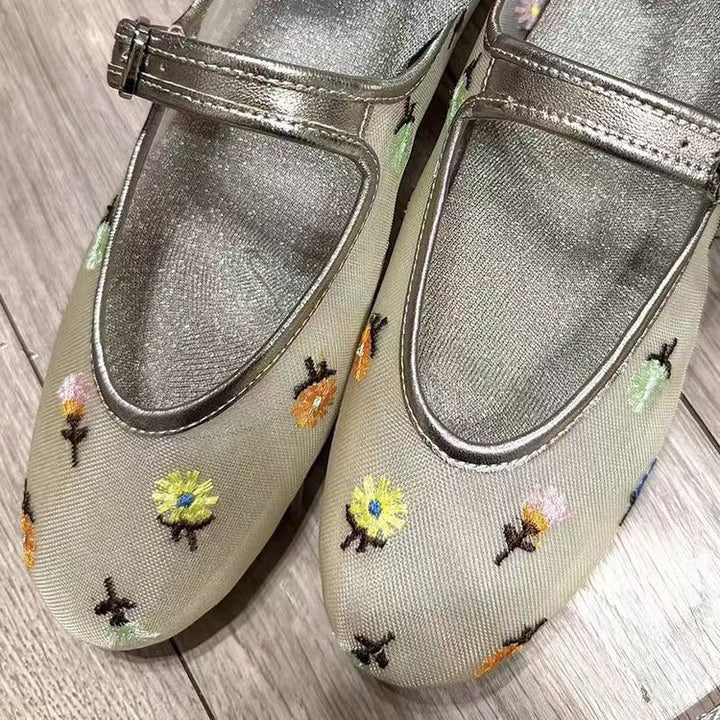 SUNKISSEDSTEP Women’s Embroidered Mesh Mary Jane Flats