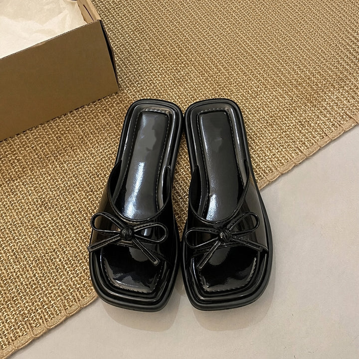 SUNKISSEDSTEP Women’s Bow Square Toe Flat Slide Sandals