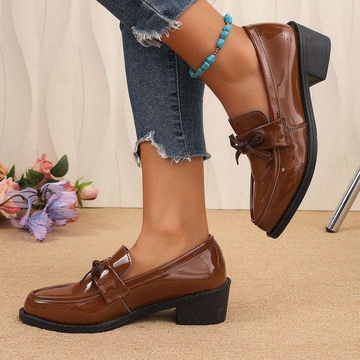 SUNKISSEDSTEP Women’s Patent Bow Block Heel Loafers