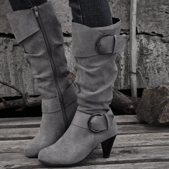 SUNKISSEDSTEP Women’s Buckle Suede Kitten Heel Fashion Boots