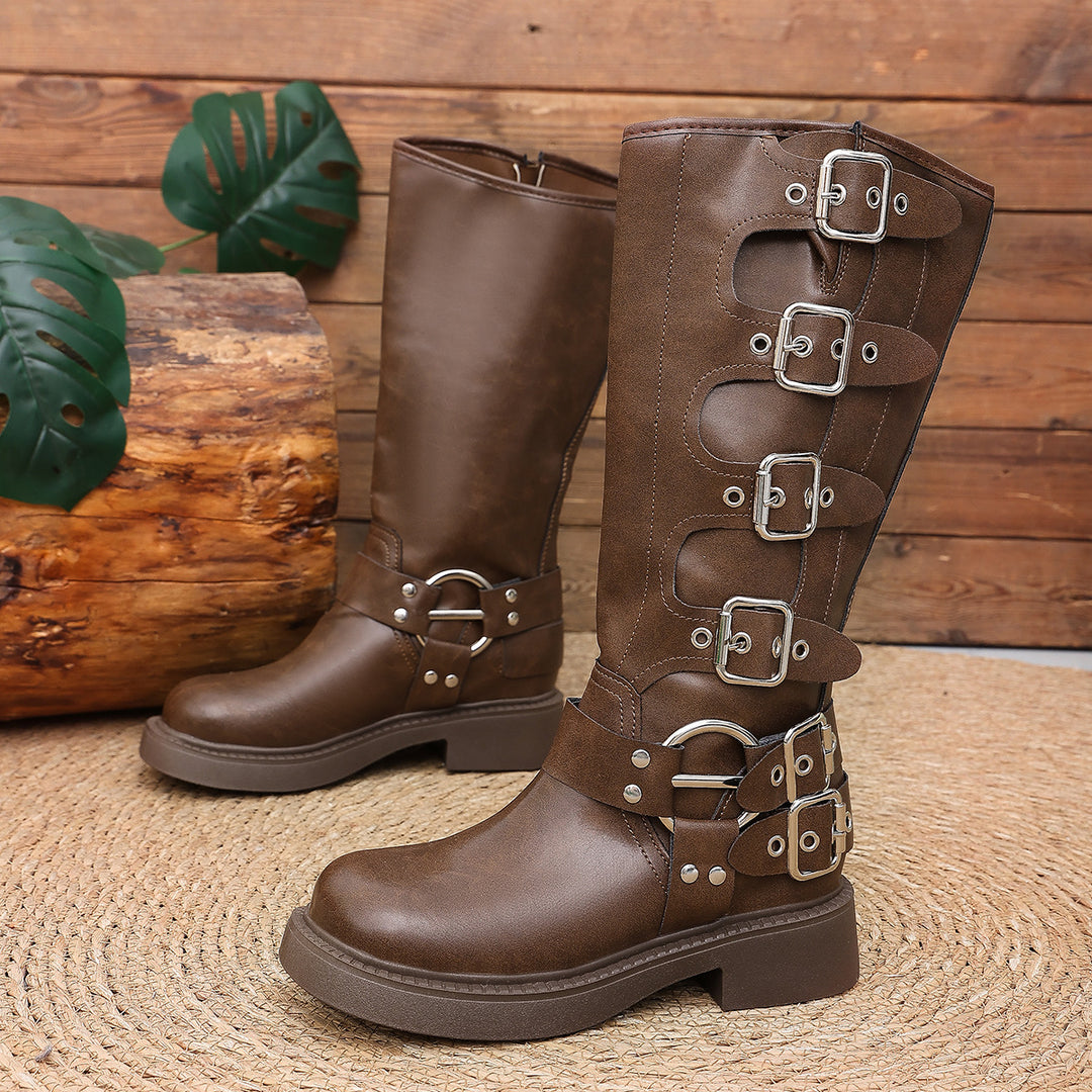 SUNKISSEDSTEP Women’s Multi-Buckle Knee-High Rider Boots