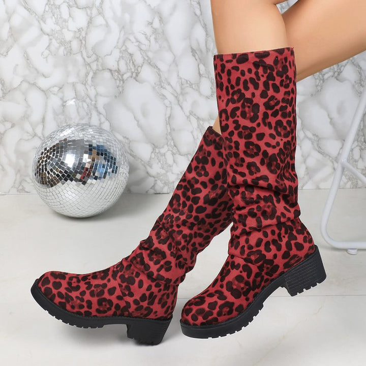 SUNKISSEDSTEP Women’s Leopard Print Tall Block Heel Boots