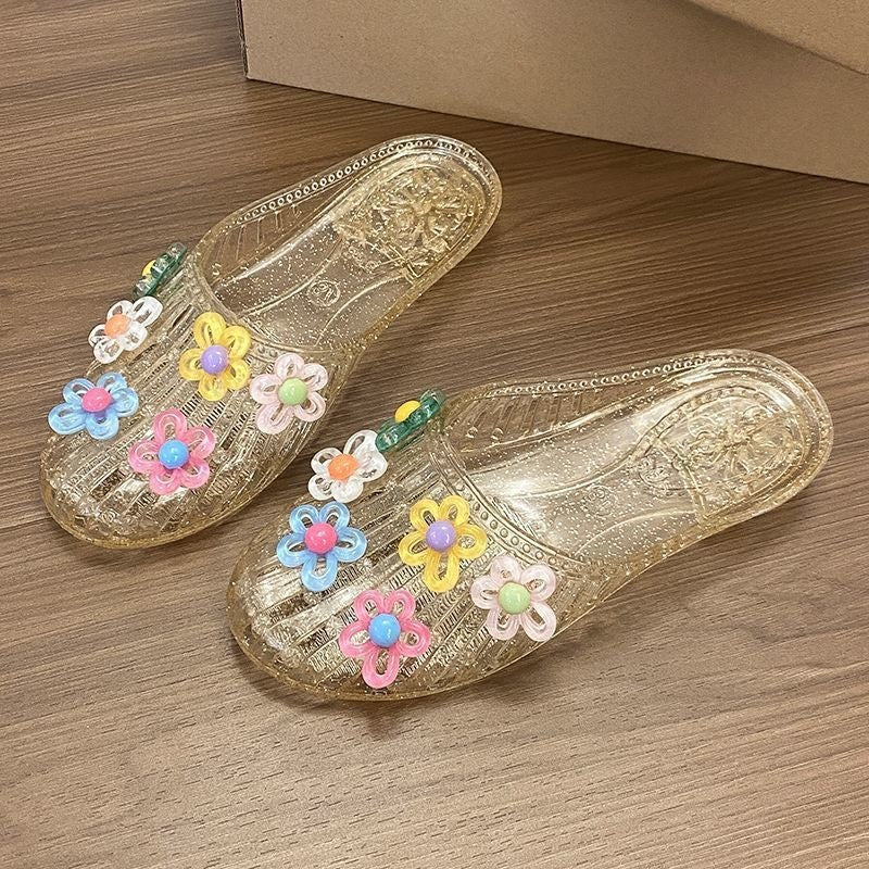 Crystal Flower Jelly Slide Sandals