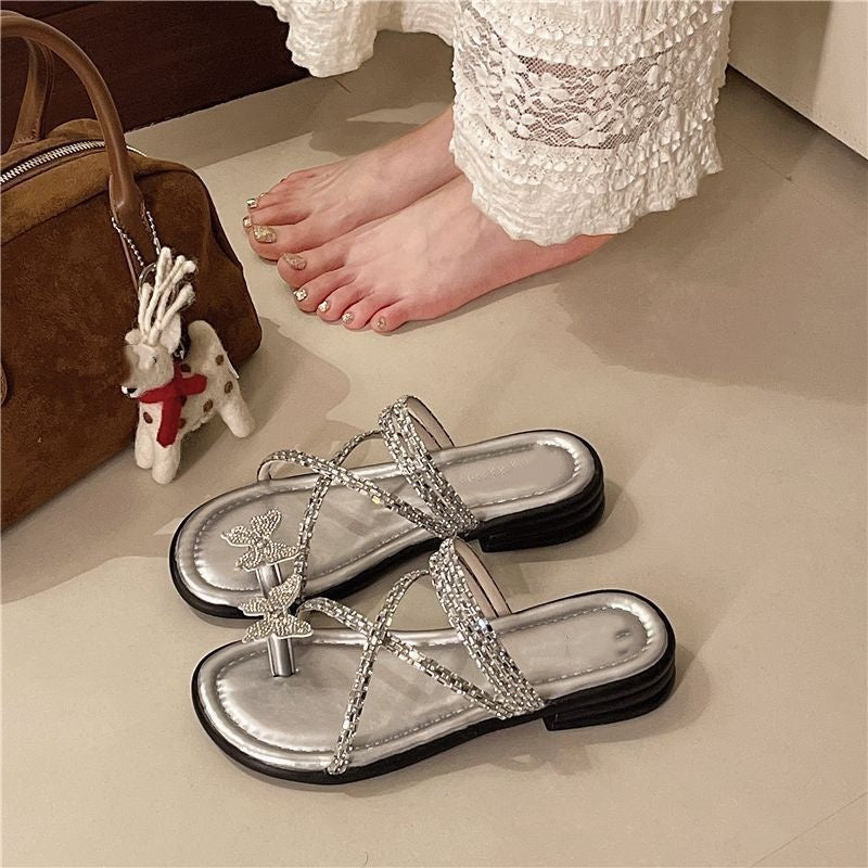 Crystal Butterfly Toe Loop Slide Sandals