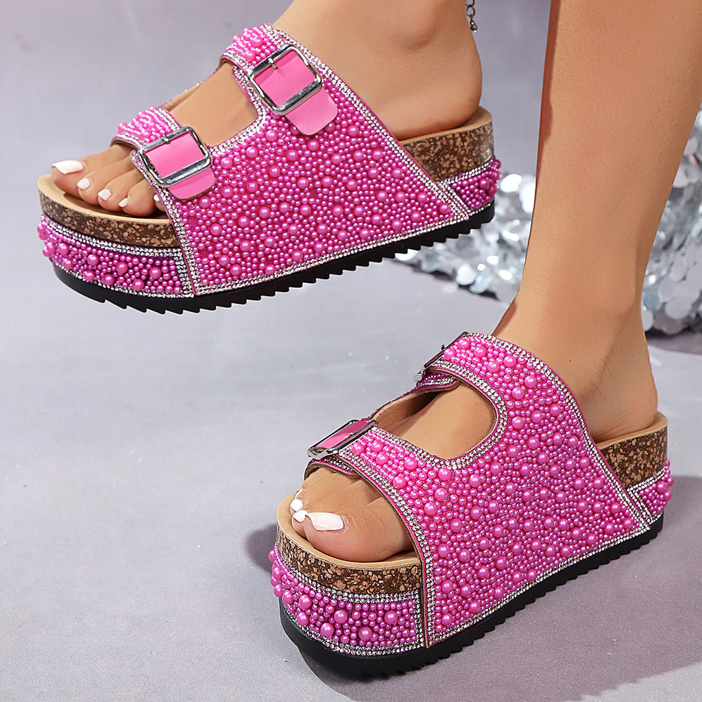 Pearl &amp; Rhinestone Cork Platform Slide Sandals