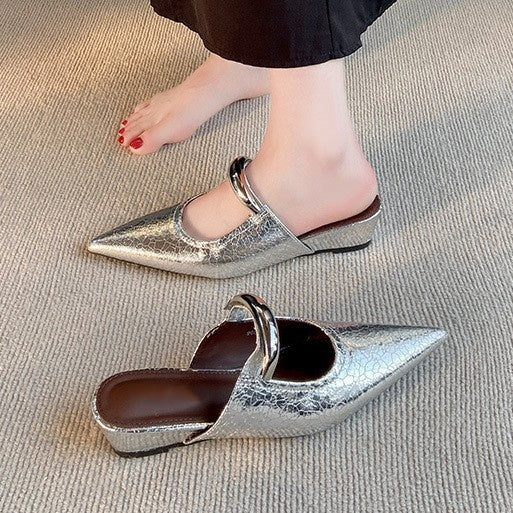 Pointed Toe Metal Strap Mule Sandals