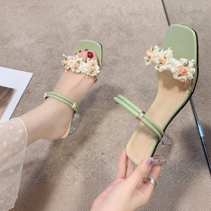 Crystal Flower Block Heel Sandals