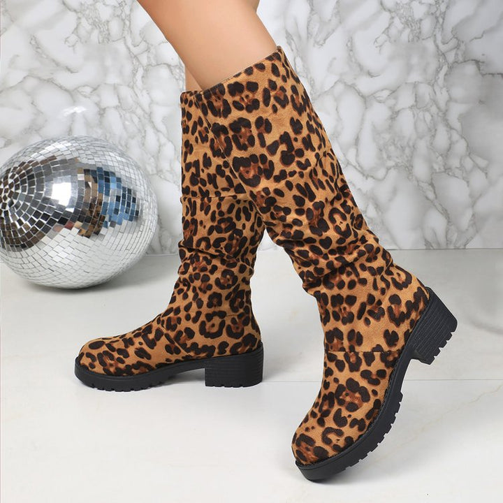 SUNKISSEDSTEP Women’s Leopard Print Tall Block Heel Boots