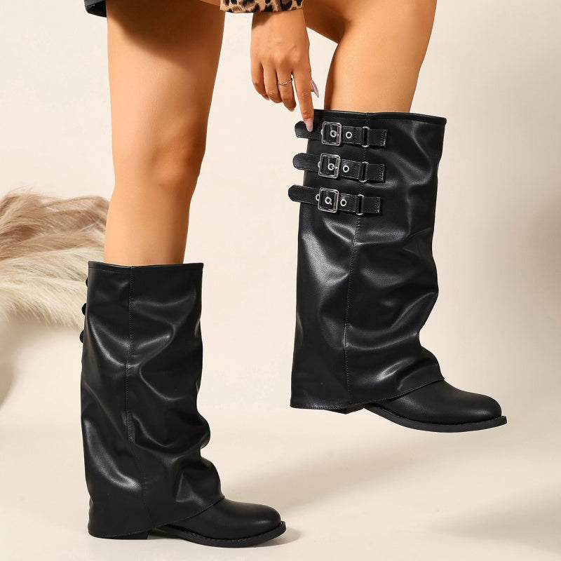 SUNKISSEDSTEP Women’s Triple Buckle Slouch Mid-Calf Boots