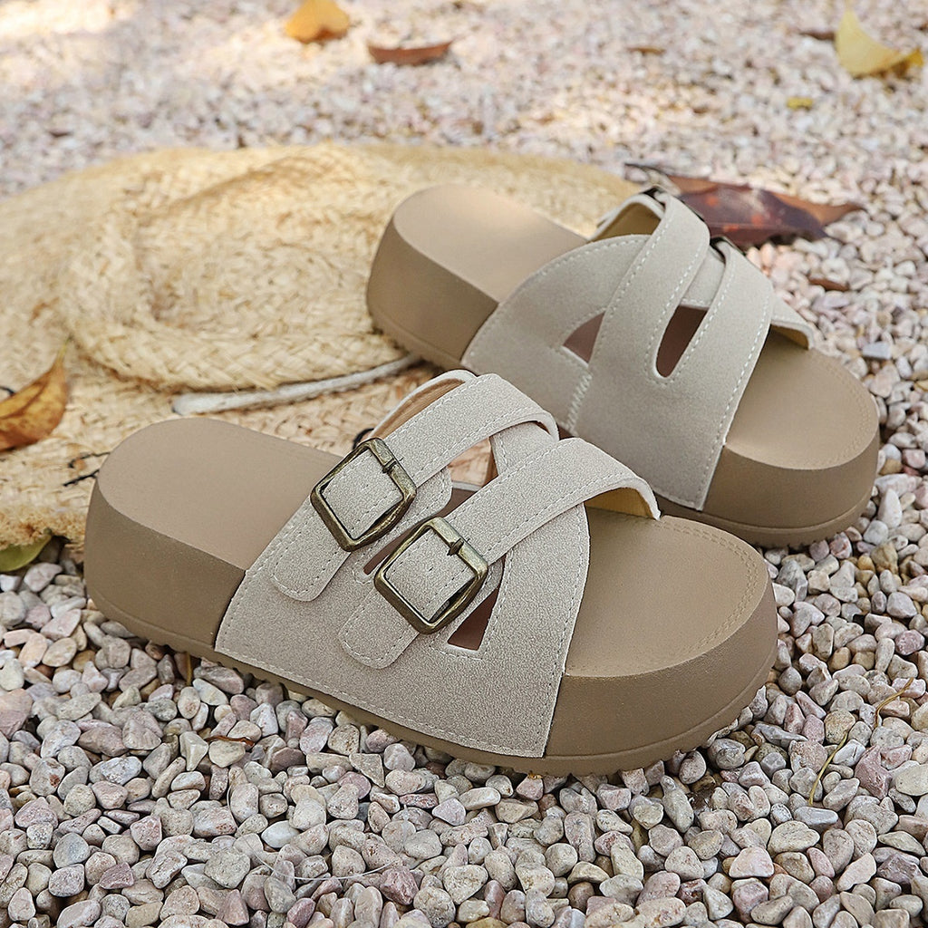 SUNKISSEDSTEP Women’s Double Buckle Platform Slides