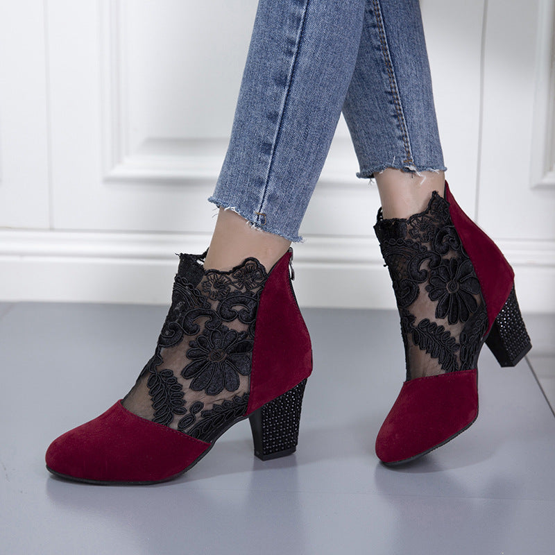 SUNKISSEDSTEP Women’s Lace Mesh Block Heel Ankle Boots
