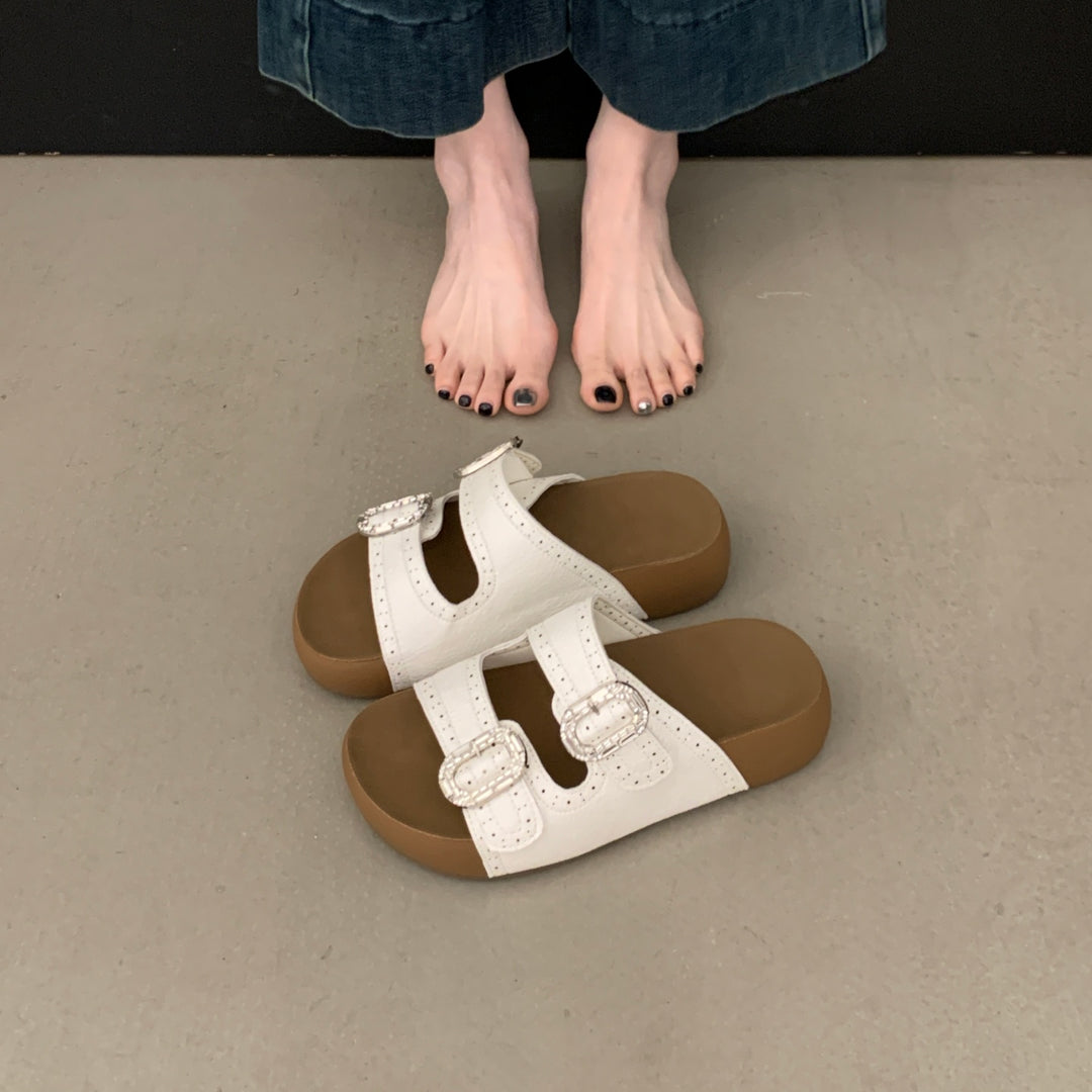 Suede Buckle Platform Slide Sandals