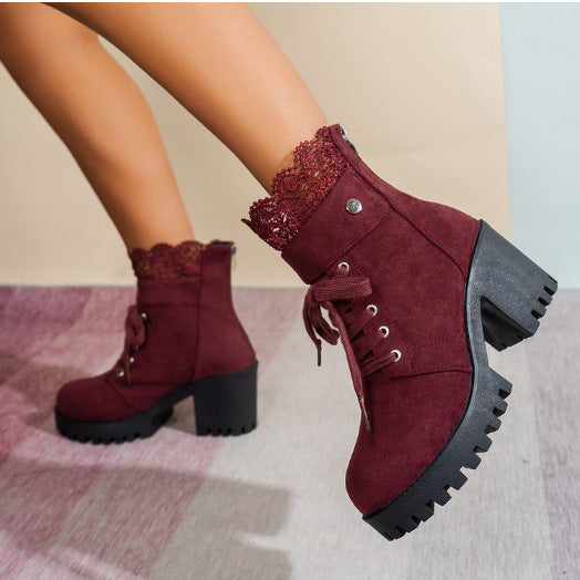 SUNKISSEDSTEP Women’s Lace-Trim Chunky Heel Ankle Boots