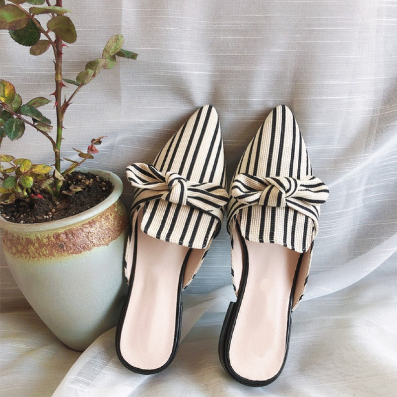 SUNKISSEDSTEP Women’s Riviera Bow Stripe Mule Heels