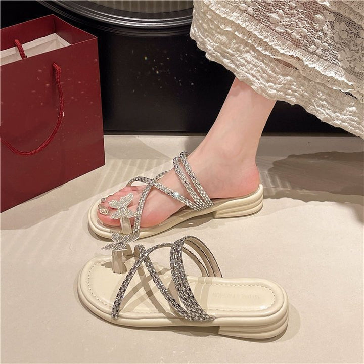 Crystal Butterfly Toe Loop Slide Sandals