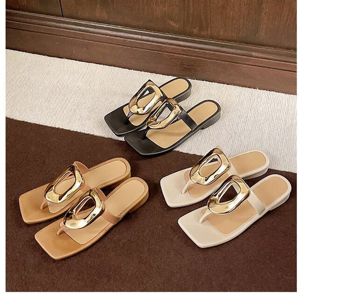 Metal Accent Square Toe Thong Sandals