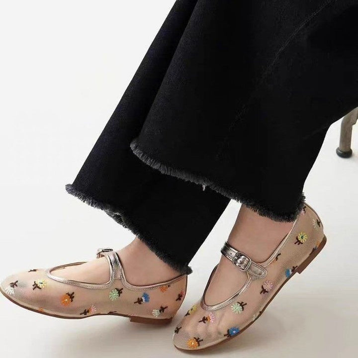 SUNKISSEDSTEP Women’s Embroidered Mesh Mary Jane Flats