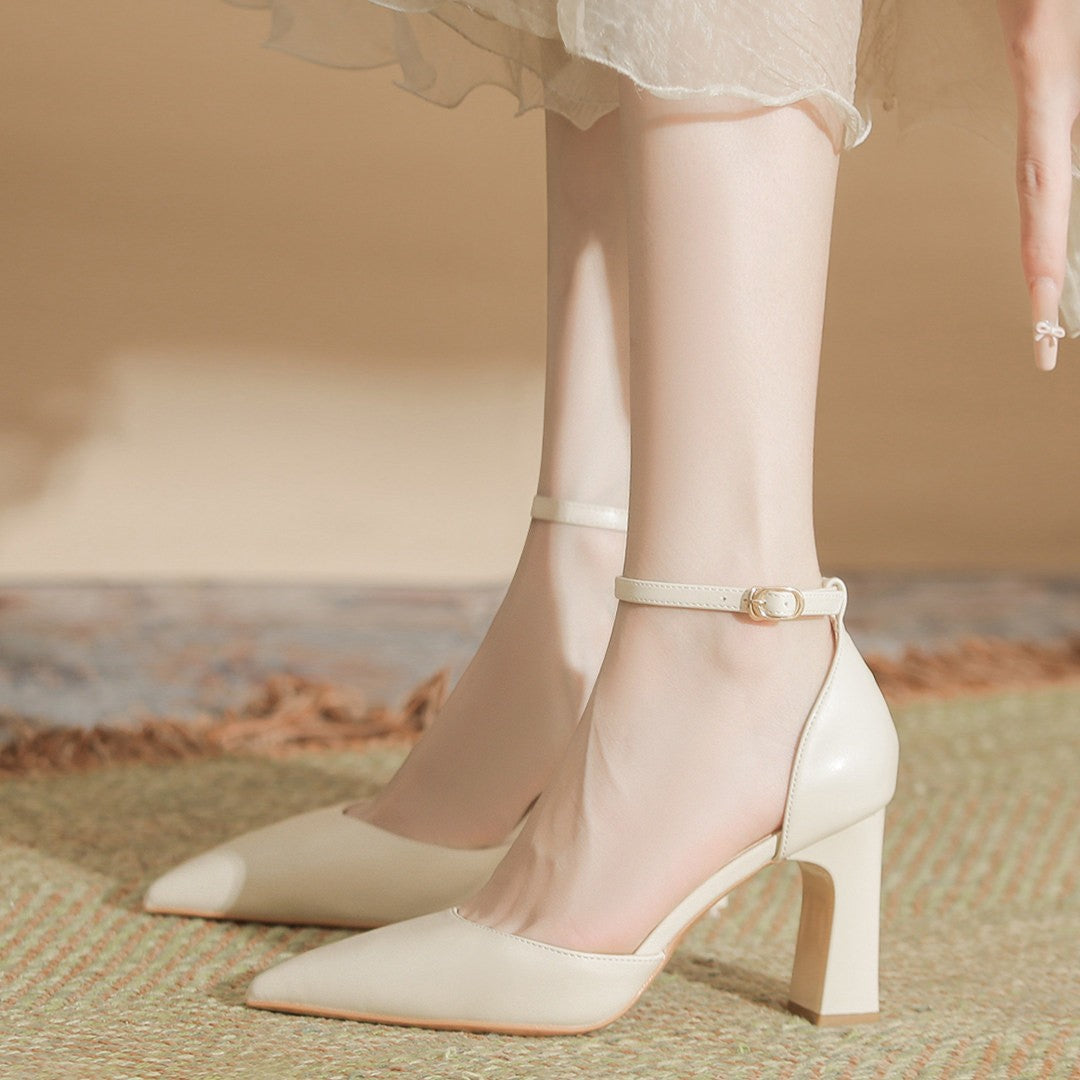 French Pointed Toe Block Heel Pumps