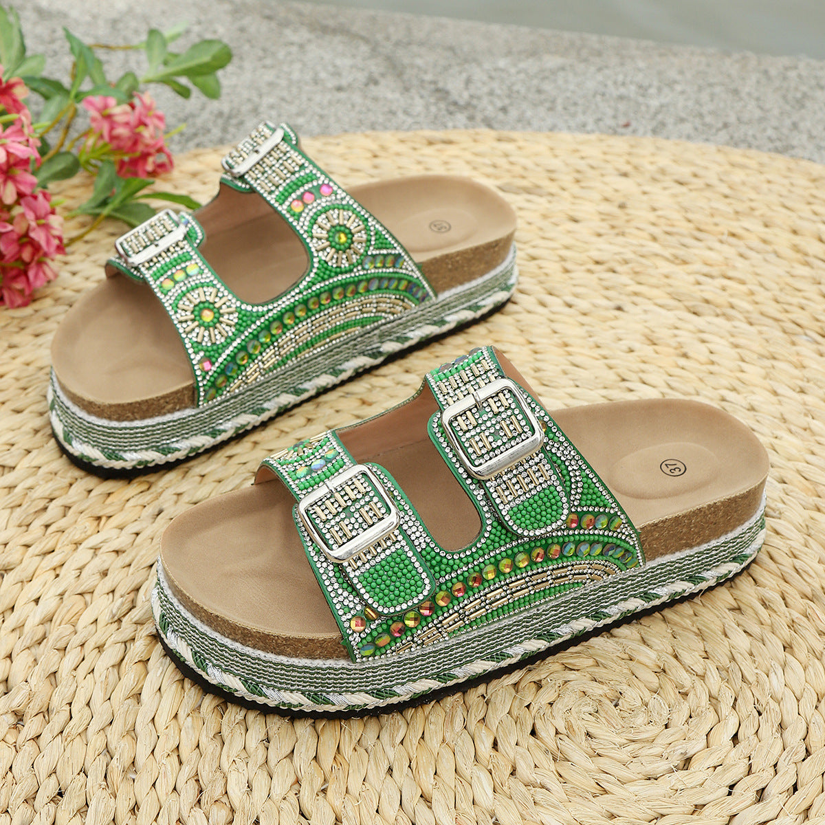 SUNKISSEDSTEP Women’s Rhinestone Double Buckle Platform Slides