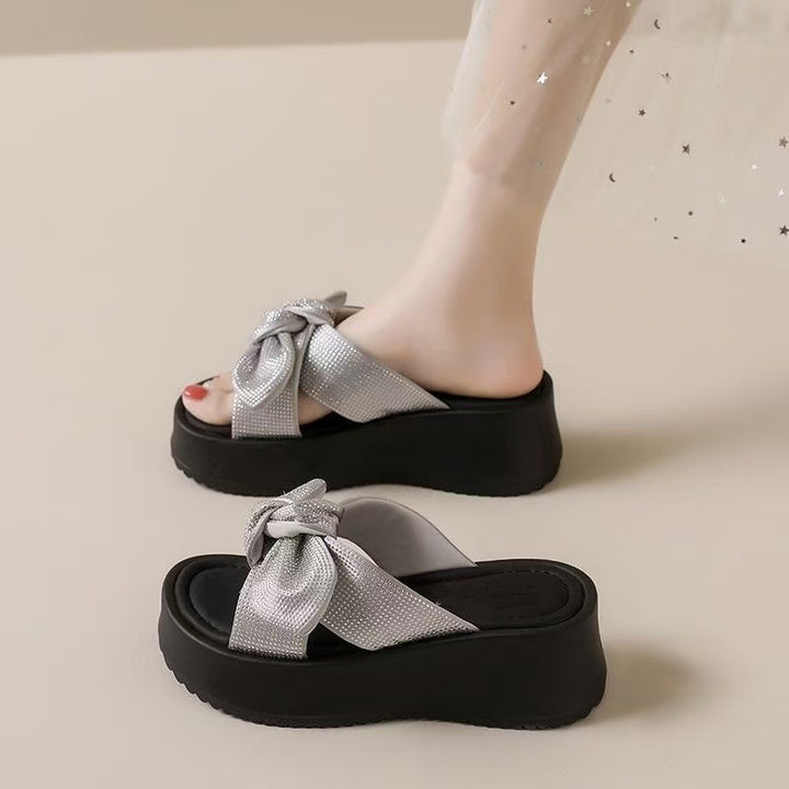 Crystal Bow Platform Slide Sandals