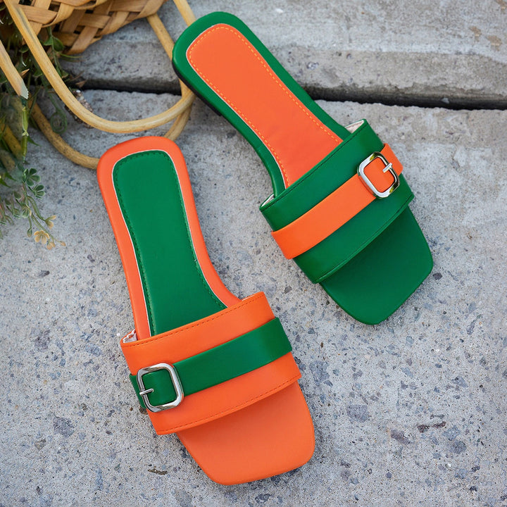 SUNKISSEDSTEP Women’s Colorblock Buckle Flat Slide Sandals