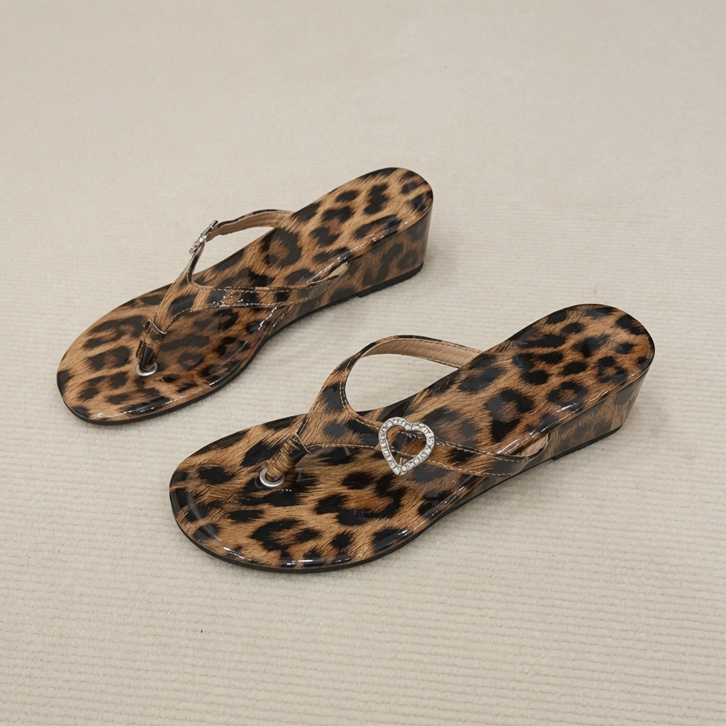 Leopard Print Chunky Heel Thong Sandals