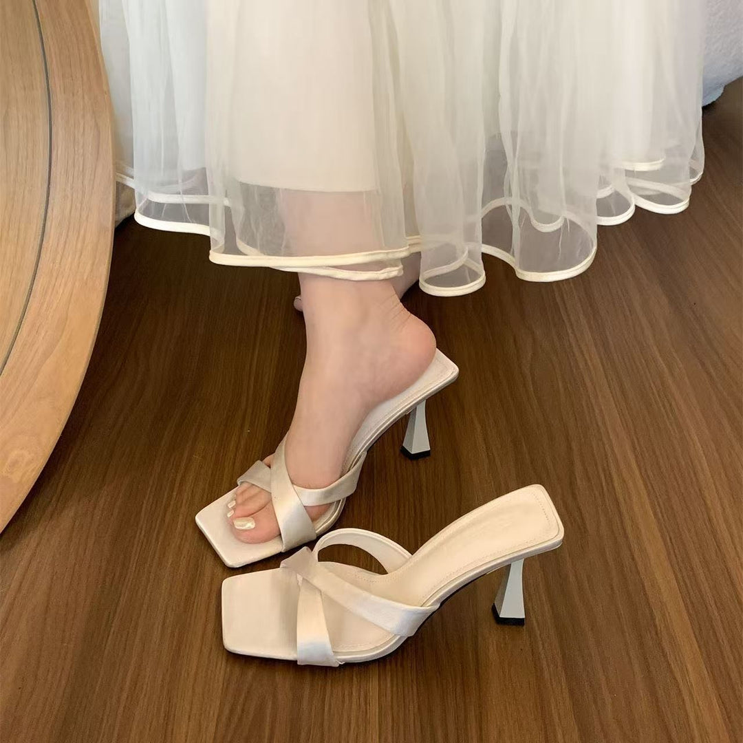 Cross-Strap Square Toe Kitten Heel Slide Sandals