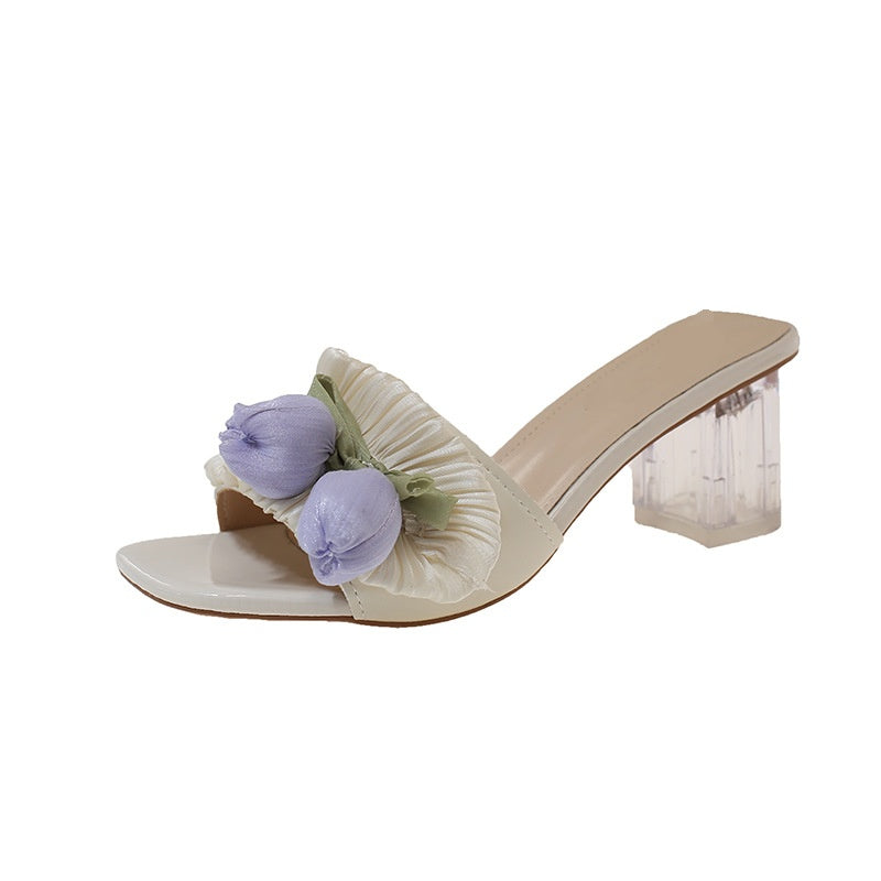 Floral Bow Transparent Block Heel Slide Sandals&amp;nbsp