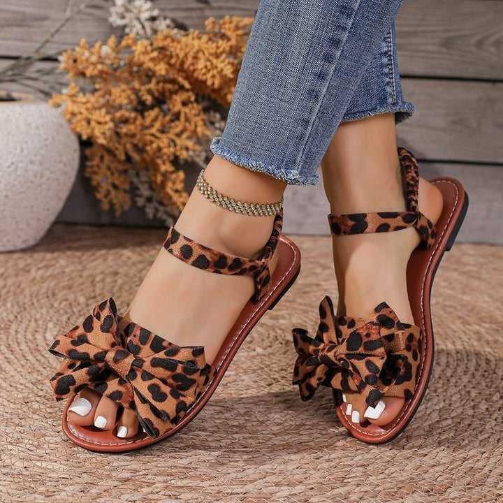SUNKISSEDSTEP Women’s Bow Strap Leopard Print Flat Sandals
