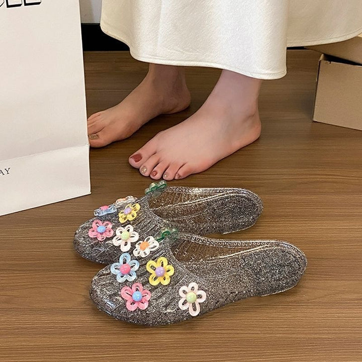 Crystal Flower Jelly Slide Sandals