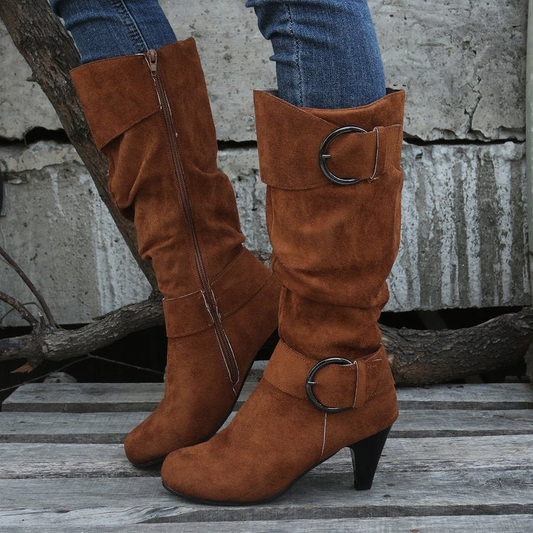 SUNKISSEDSTEP Women’s Buckle Suede Kitten Heel Fashion Boots