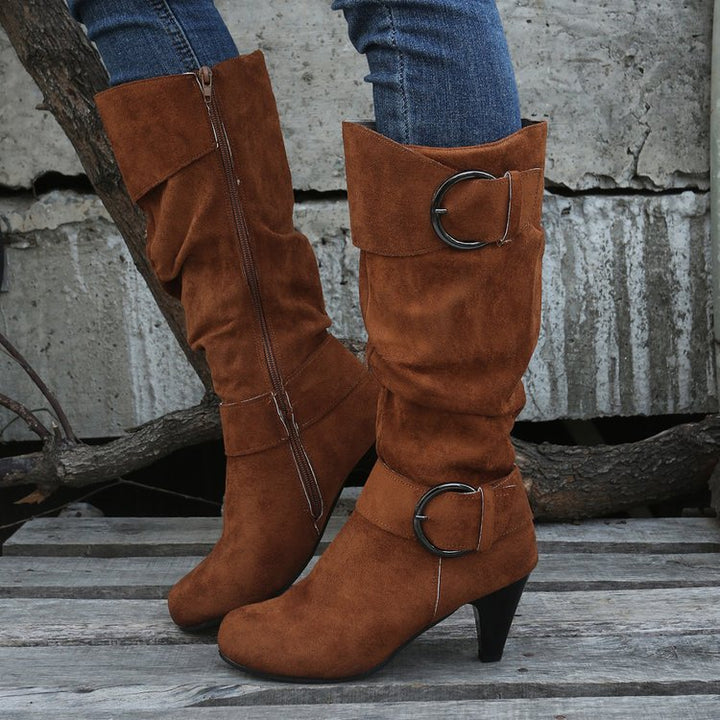 SUNKISSEDSTEP Women’s Buckle Suede Kitten Heel Fashion Boots
