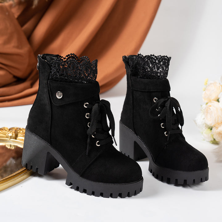 SUNKISSEDSTEP Women’s Lace-Trim Chunky Heel Ankle Boots