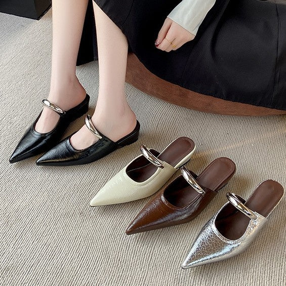 Pointed Toe Metal Strap Mule Sandals