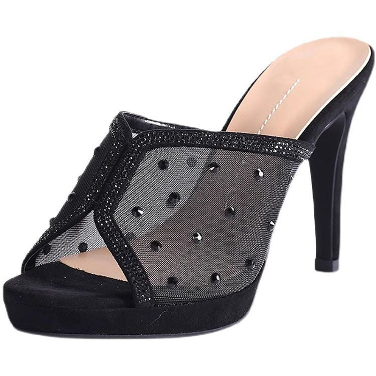Mesh Peep-Toe Stiletto Slide Sandals