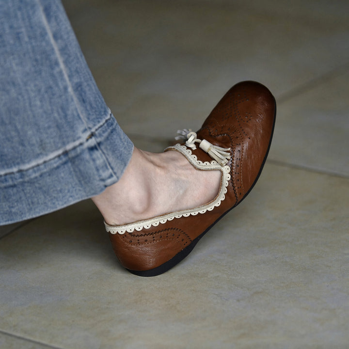 SUNKISSEDSTEP Women’s Vintage Tassel Round-Toe Sheepskin Loafers