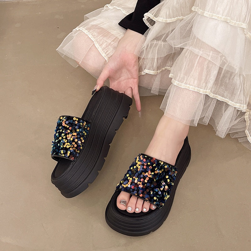 Sequin Platform Slide Sandals
