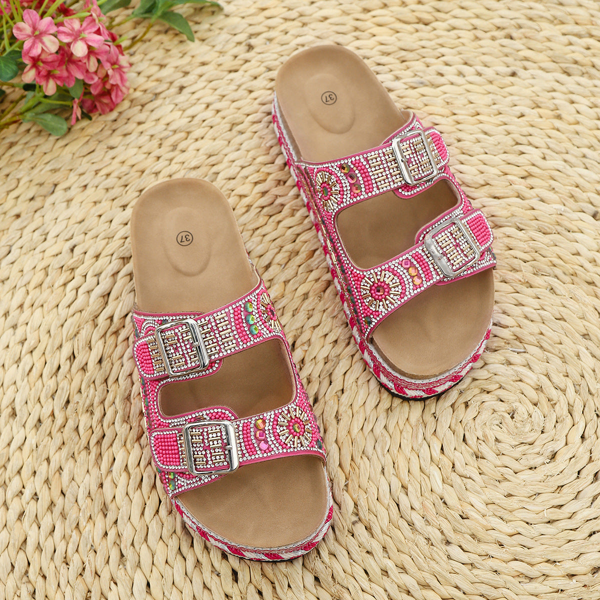 SUNKISSEDSTEP Women’s Rhinestone Double Buckle Platform Slides