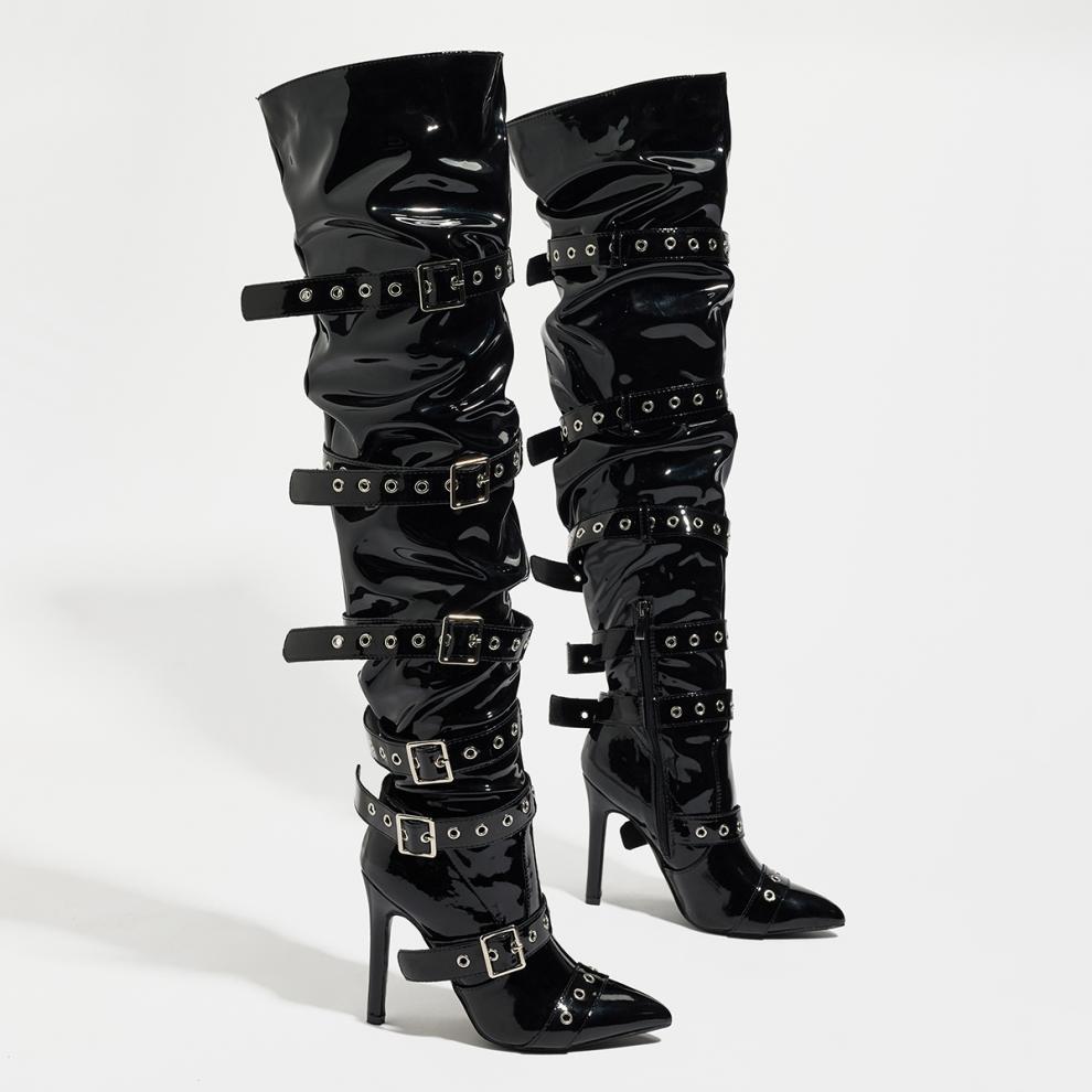 SUNKISSEDSTEP Women’s Studded Buckle Over-the-Knee Stiletto Boots