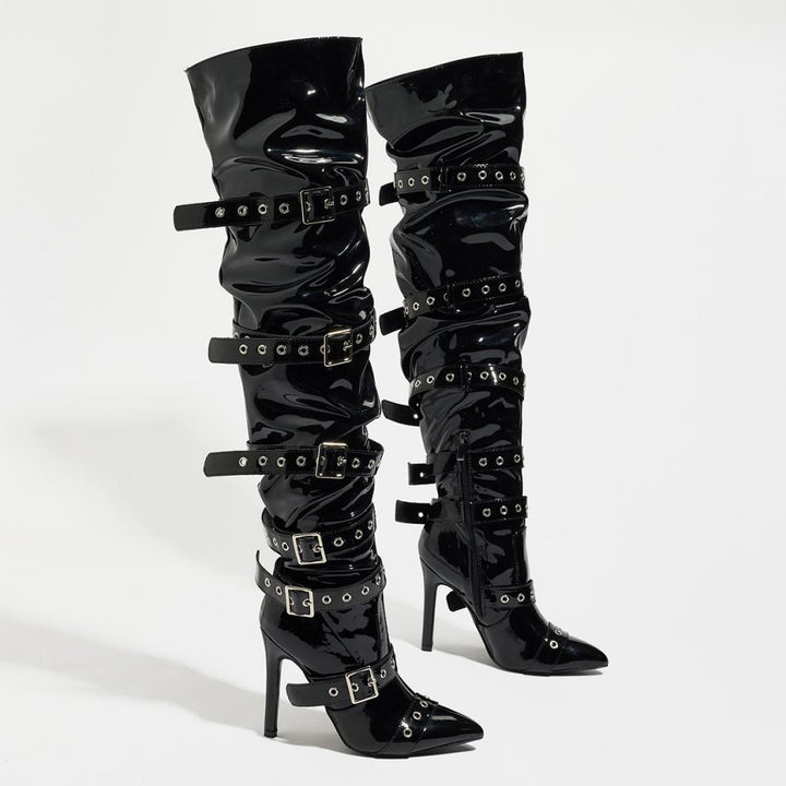 SUNKISSEDSTEP Women’s Studded Buckle Over-the-Knee Stiletto Boots