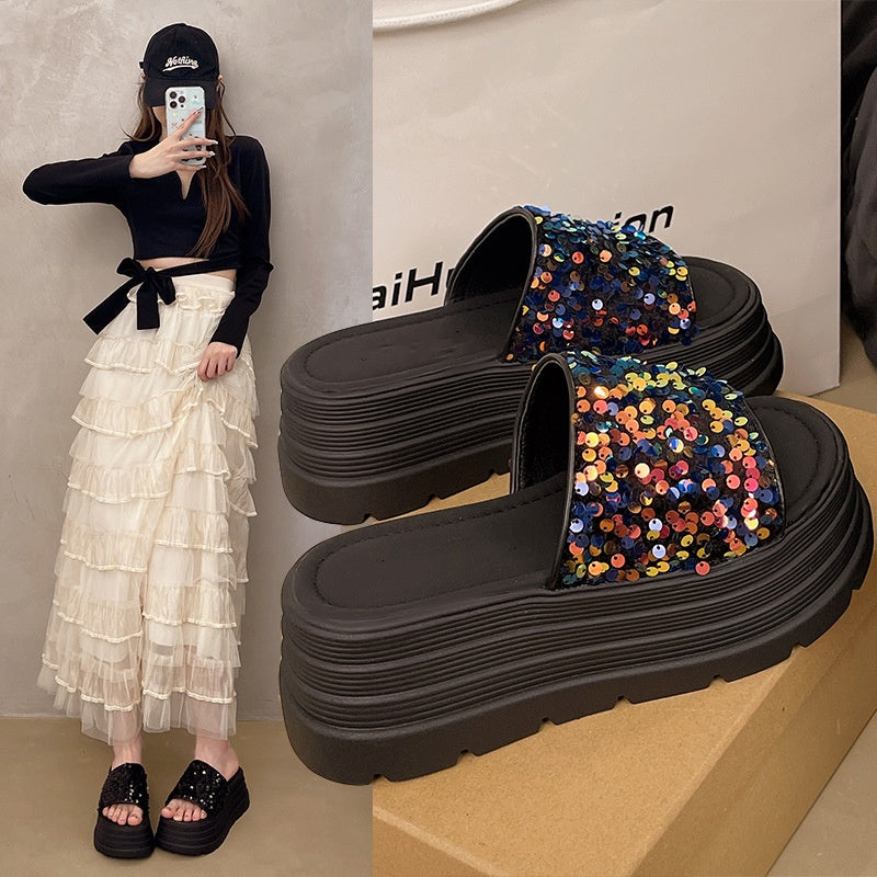 Sequin Platform Slide Sandals