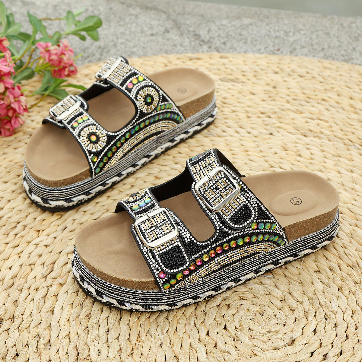 SUNKISSEDSTEP Women’s Rhinestone Double Buckle Platform Slides